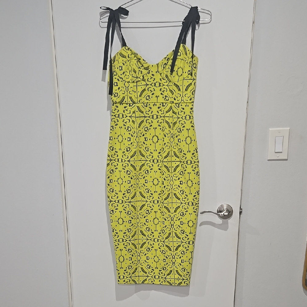 Yellow Patterned Dress with Black Straps